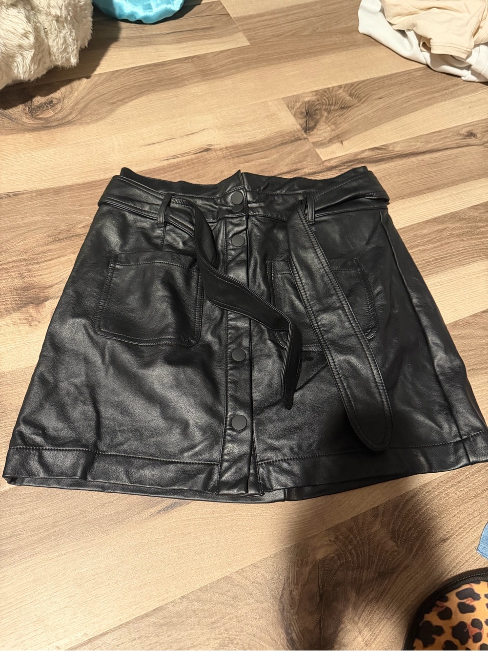 Black Faux Leather Button-Front Mini Skirt with Belt